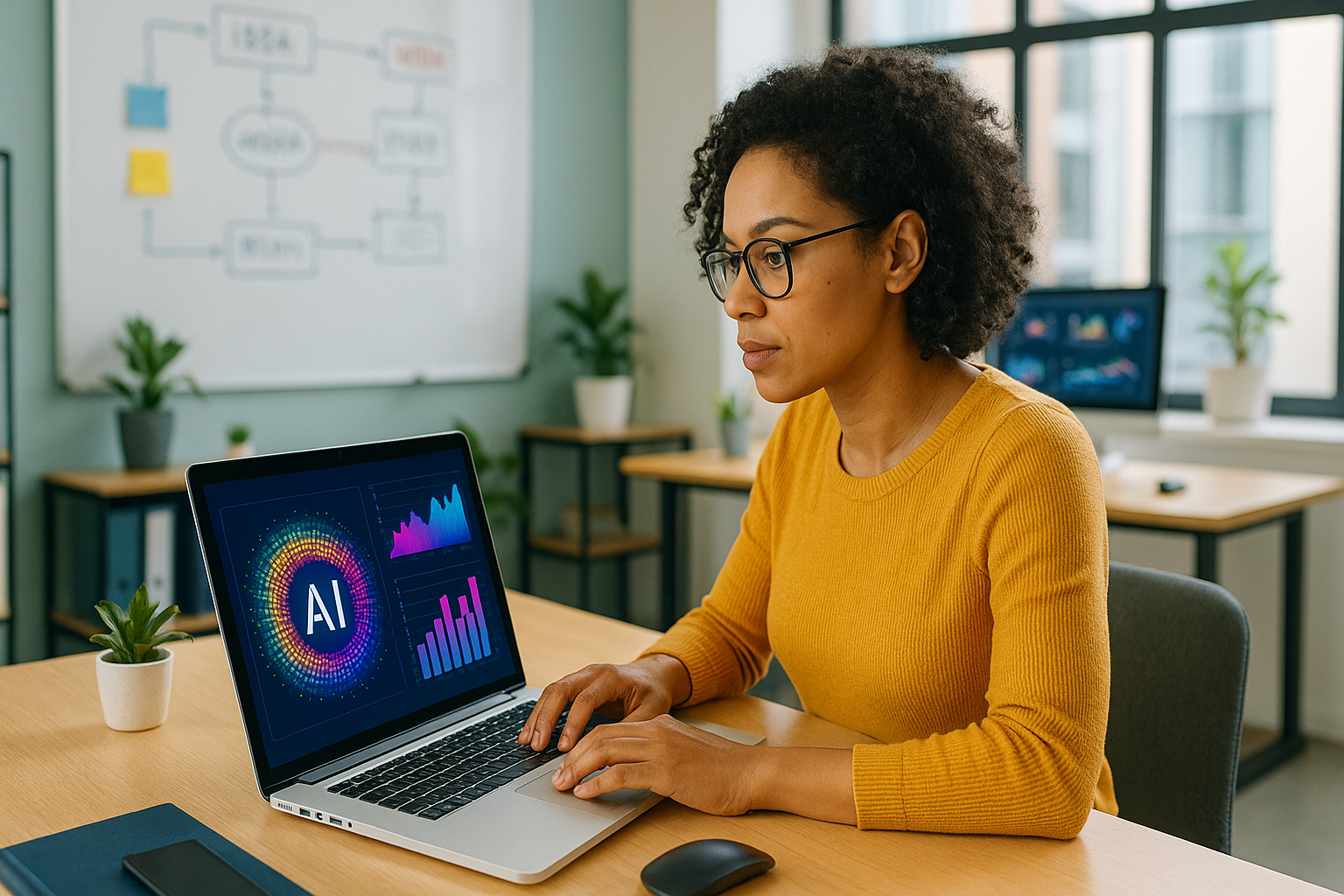 An African American woman in a bright, modern office analyzes colorful AI data visualizations on a laptop, representing the use of AI for business optimization and decision-making.